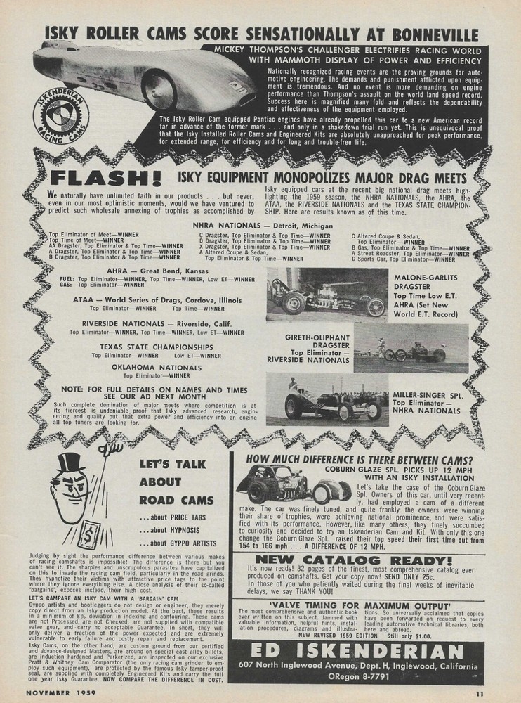 1959 Isky Cam Magazine Ad Mickey Thompson Challenger I Big Daddy Don Garlits 59