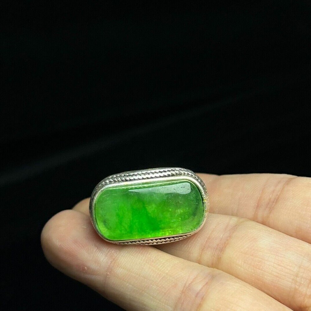 Certified Natural Inlay high Ice Burmese Green Jade Jadeite  Amulet Rings