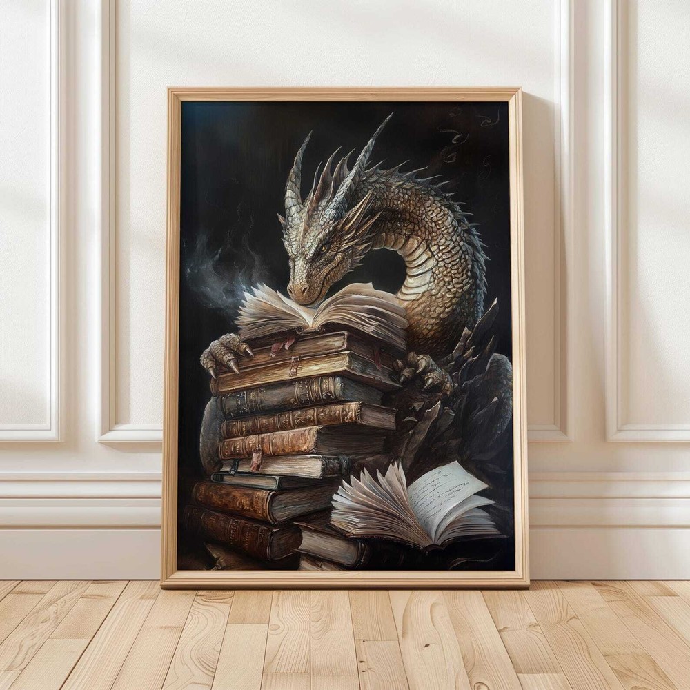 Fantasy Dragon Book Art Print for Mythical Book Lovers and Library Decor