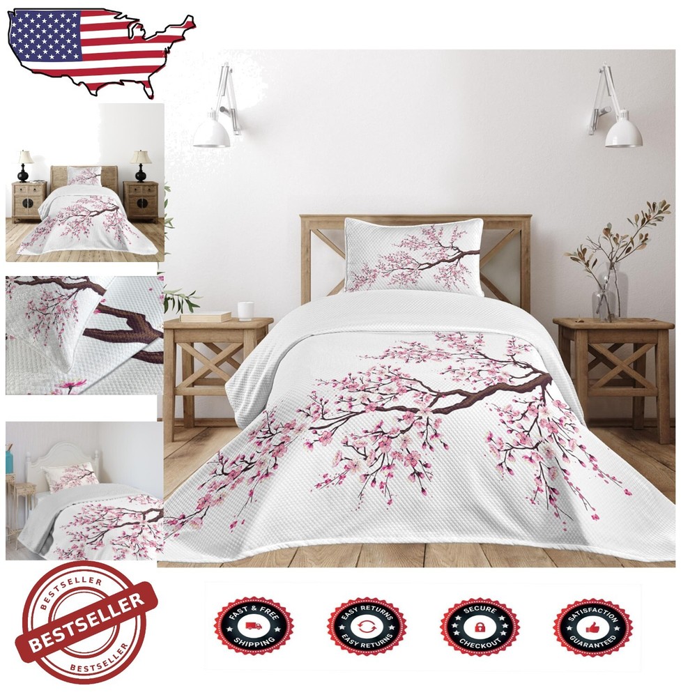 Artistic Sakura Flower Twin Bedspread with Heavyweight Sham – Modern Home Decor