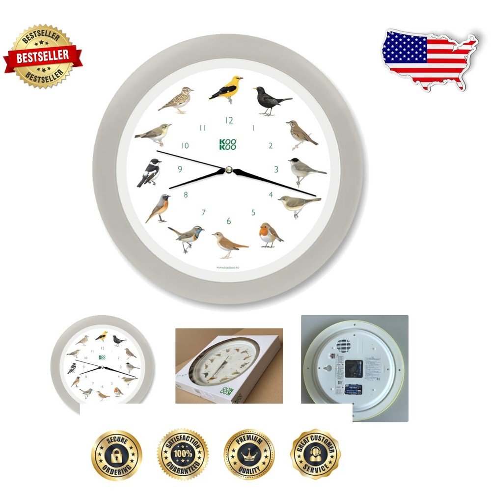 Silent Bird Songs Wall Clock – 12 Native Songbirds Recordings in Silk-Grey