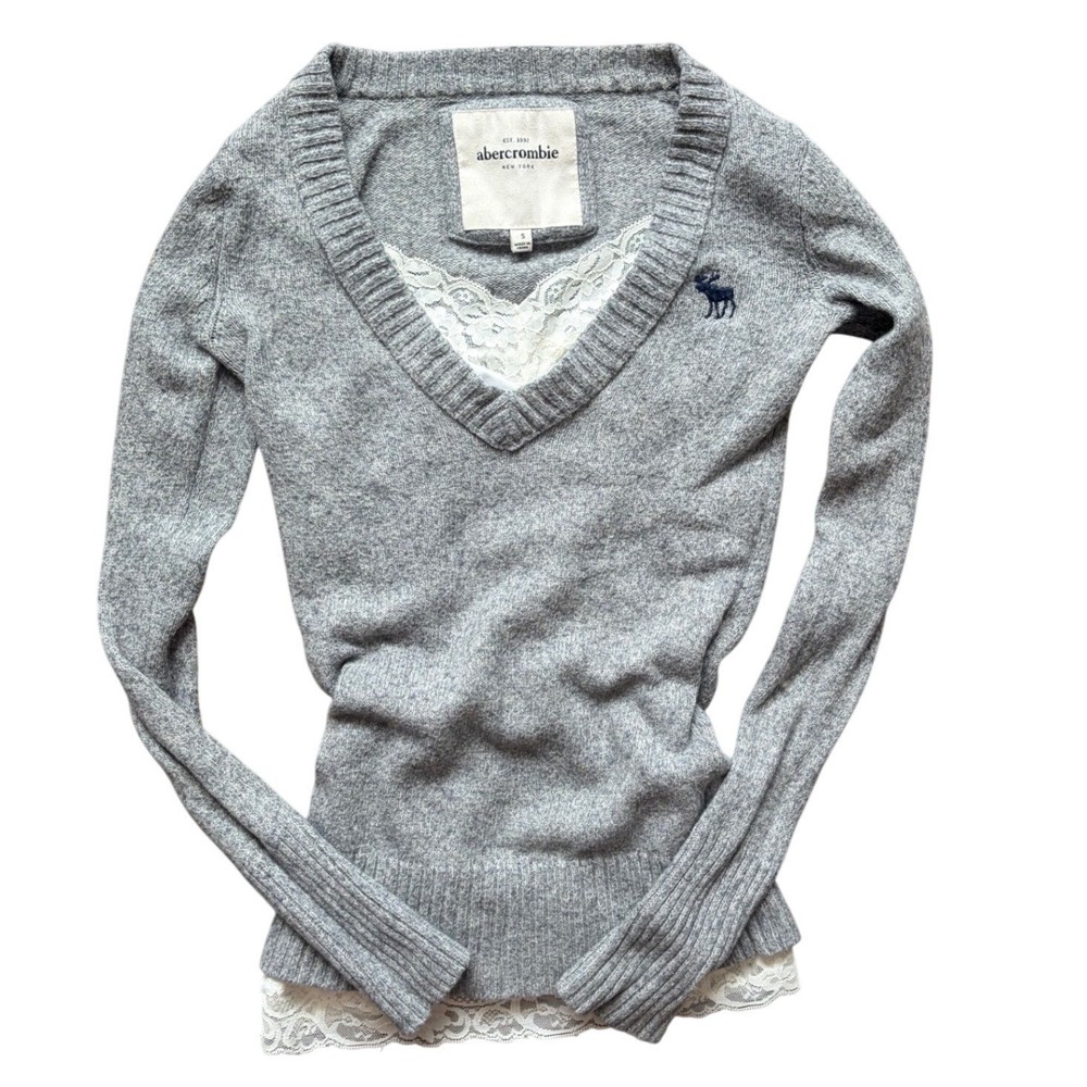 Abercrombie & Fitch Gray Lace Trim V-Neck Sweater Moose Logo Preppy Womens Small-image