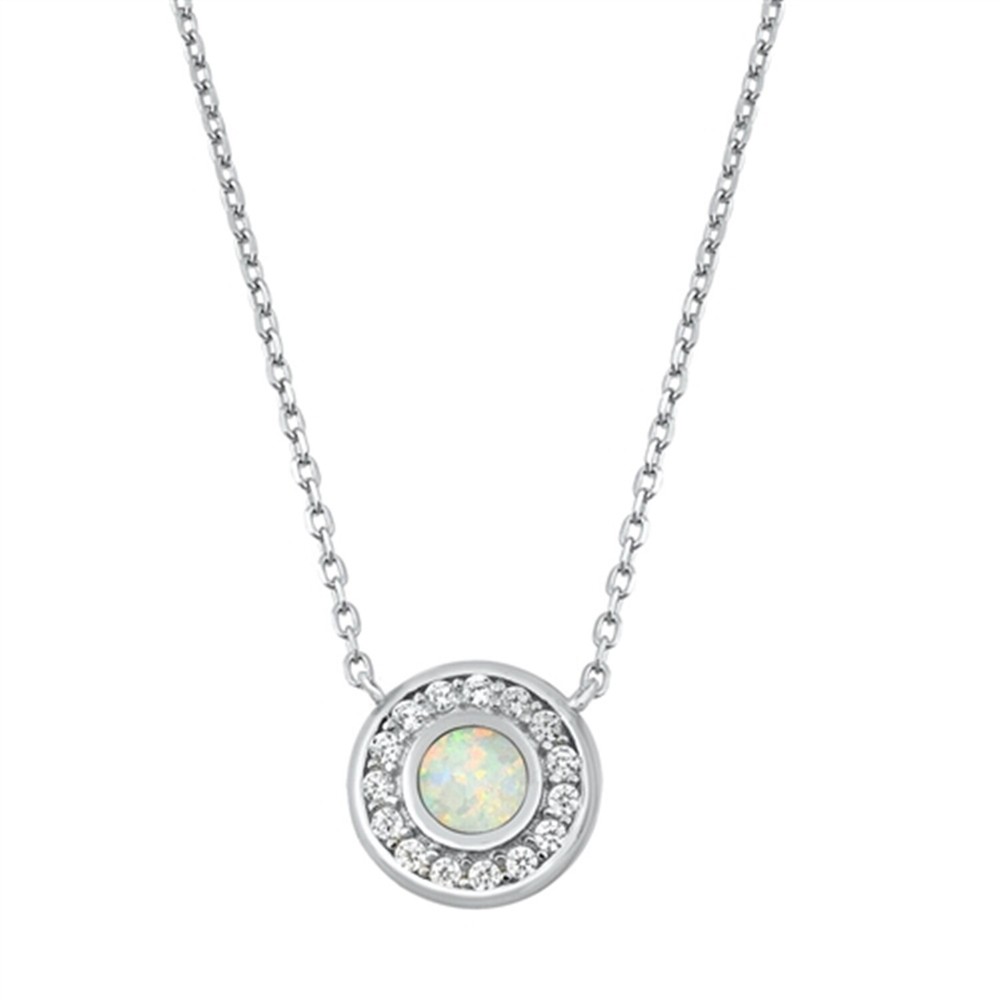 Halo Round Pendant Necklace Lab Created White Opal CZ 925 Sterling Silver 16 - 1