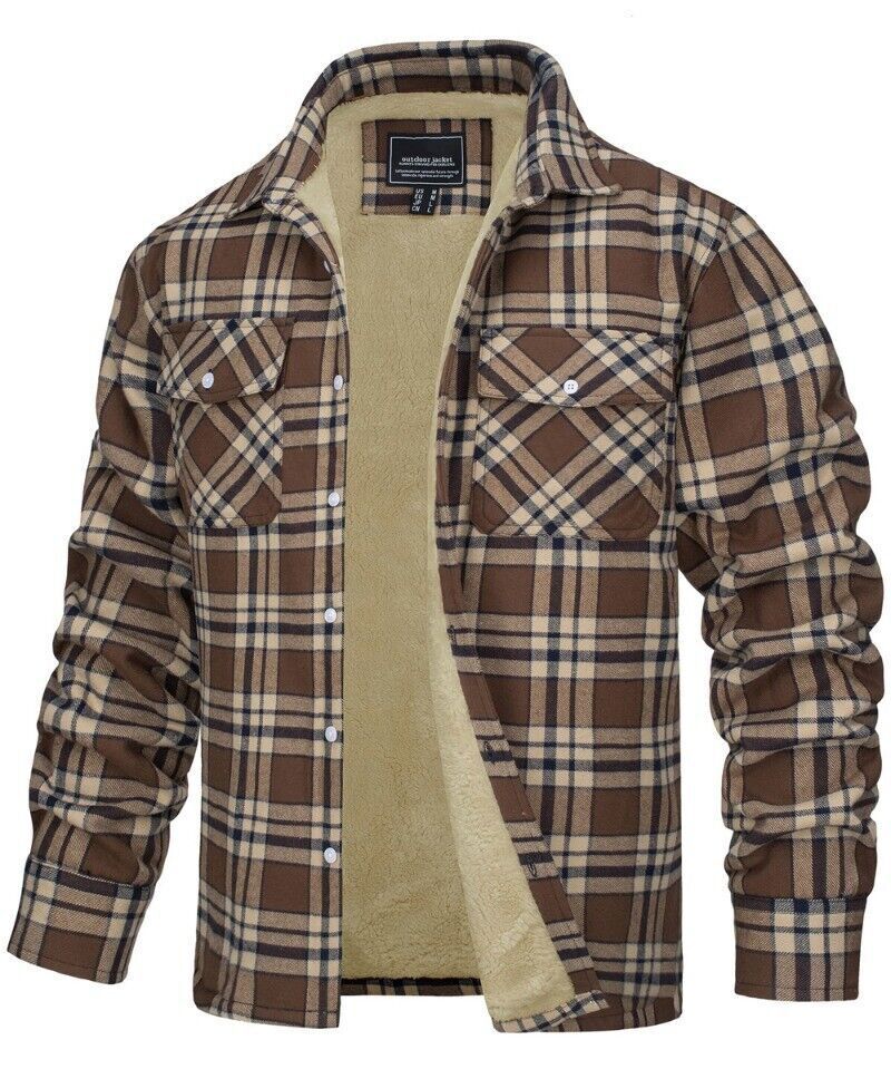Mens Flannel Cotton Jackets Plaid Casual Button Down Cargo Coats Thicken Outwear