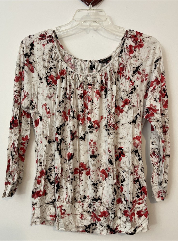 Daisy Fuentes Womens XL White Floral Long-Sleeved Soft Pullover Blouse! A4298
