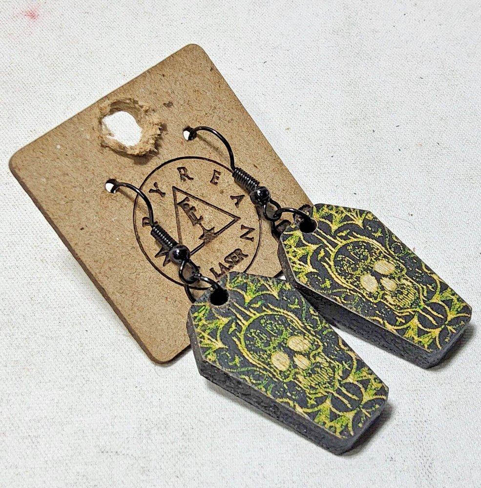 Laser engraved cut sugarskull earrings hallowen custom art horror fashion coffin