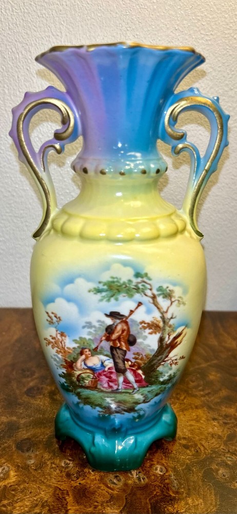 Antique Czechoslovakian Vase Porcelain Hand Painted Double Handle 8