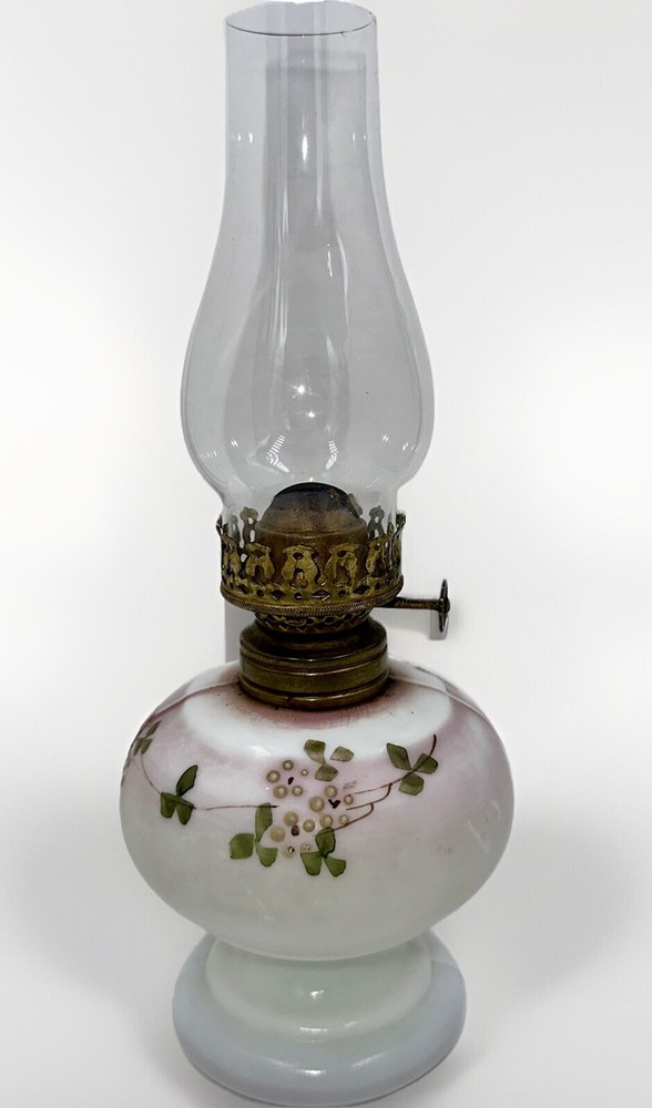 Miniature Oil Kerosene Lamp Opal Glass Floral Motif + Chimney & Burner - Antique
