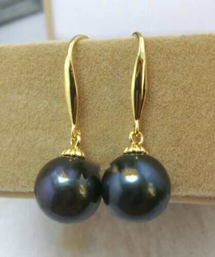 10-11mm Natural Black Tahitian Pearl Earrings in 14K Yellow Gold-image