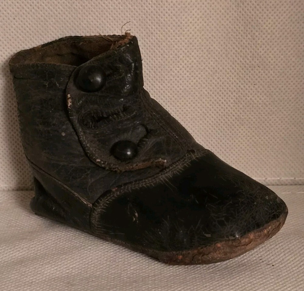Antique Victorian Baby Infant Black Leather Single Boot Bootie Shoe