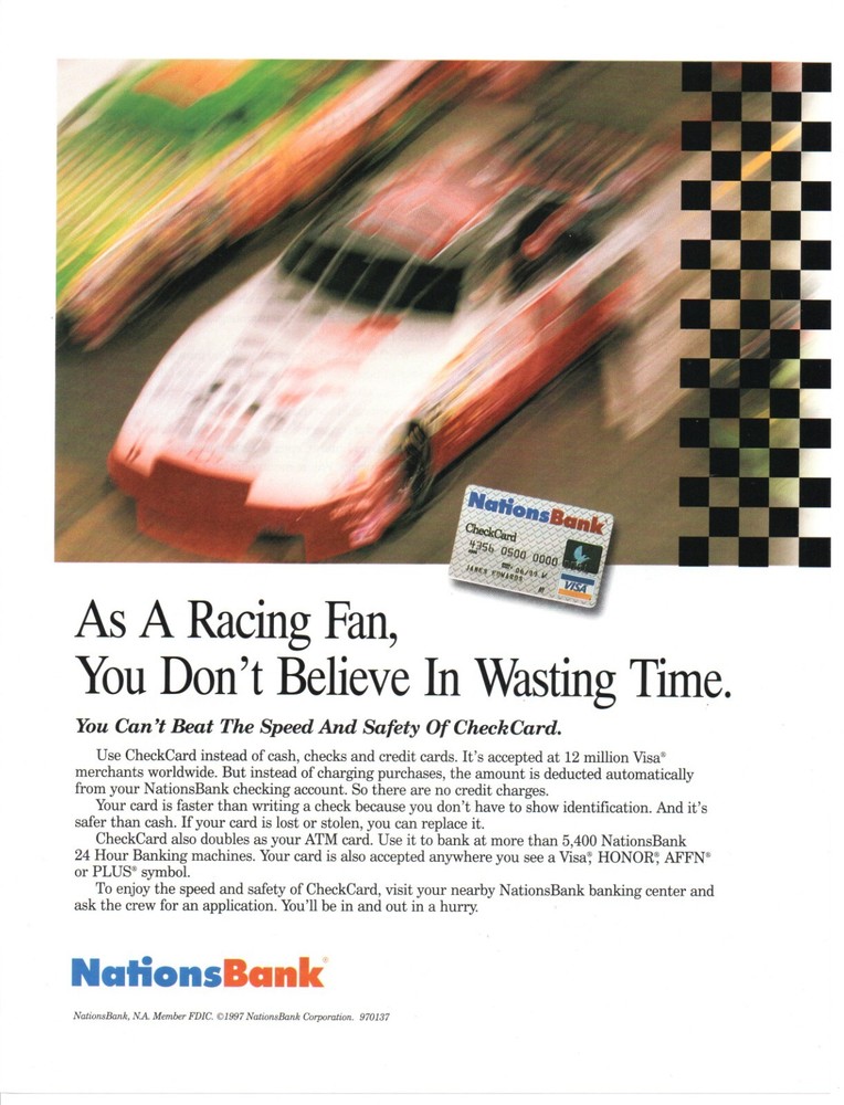 1997 Nations Bank NASCAR Racing Check Card Print Ad - Speed Wins