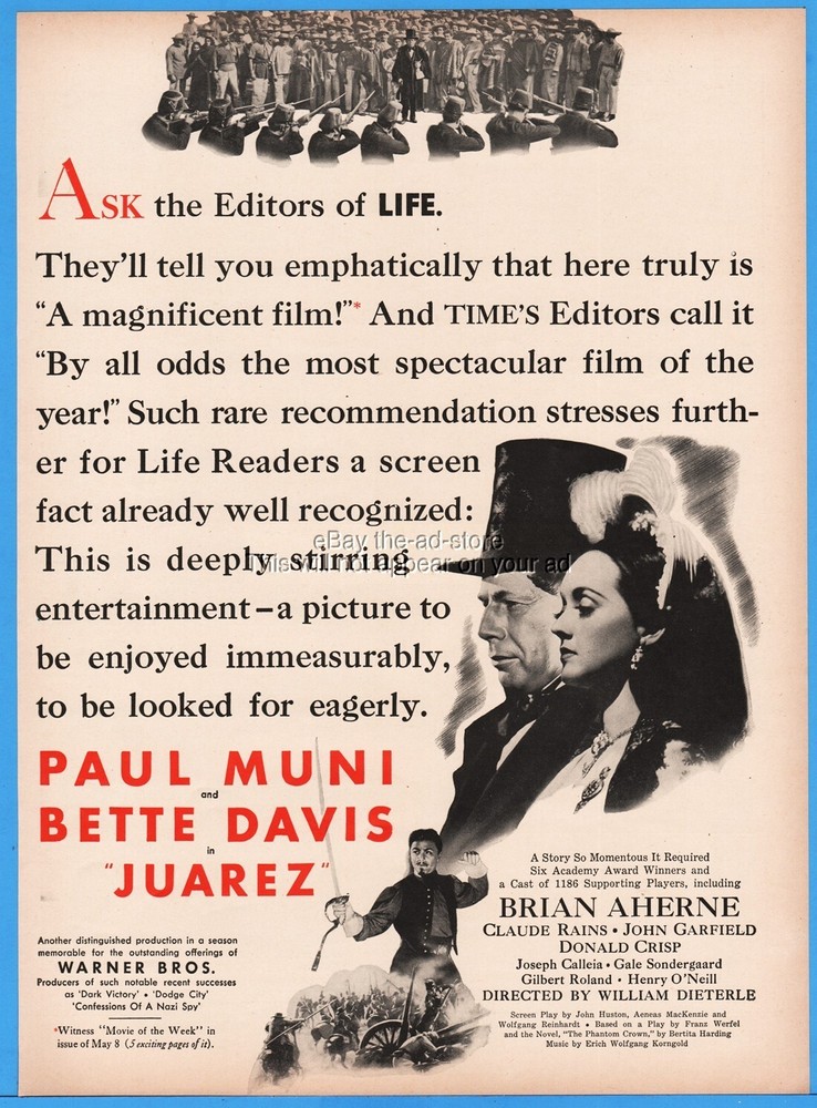 1939 Paul Muni Bette Davis Brian Aherne Juarez Movie Promo Vintage Magazine Ad