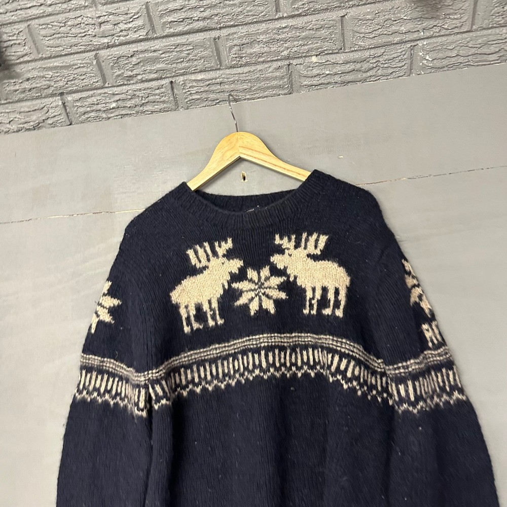 Abercrombie & Fitch Mens XL Navy Blue 100% Wool Moose Fair Isle Sweater Pullover-image