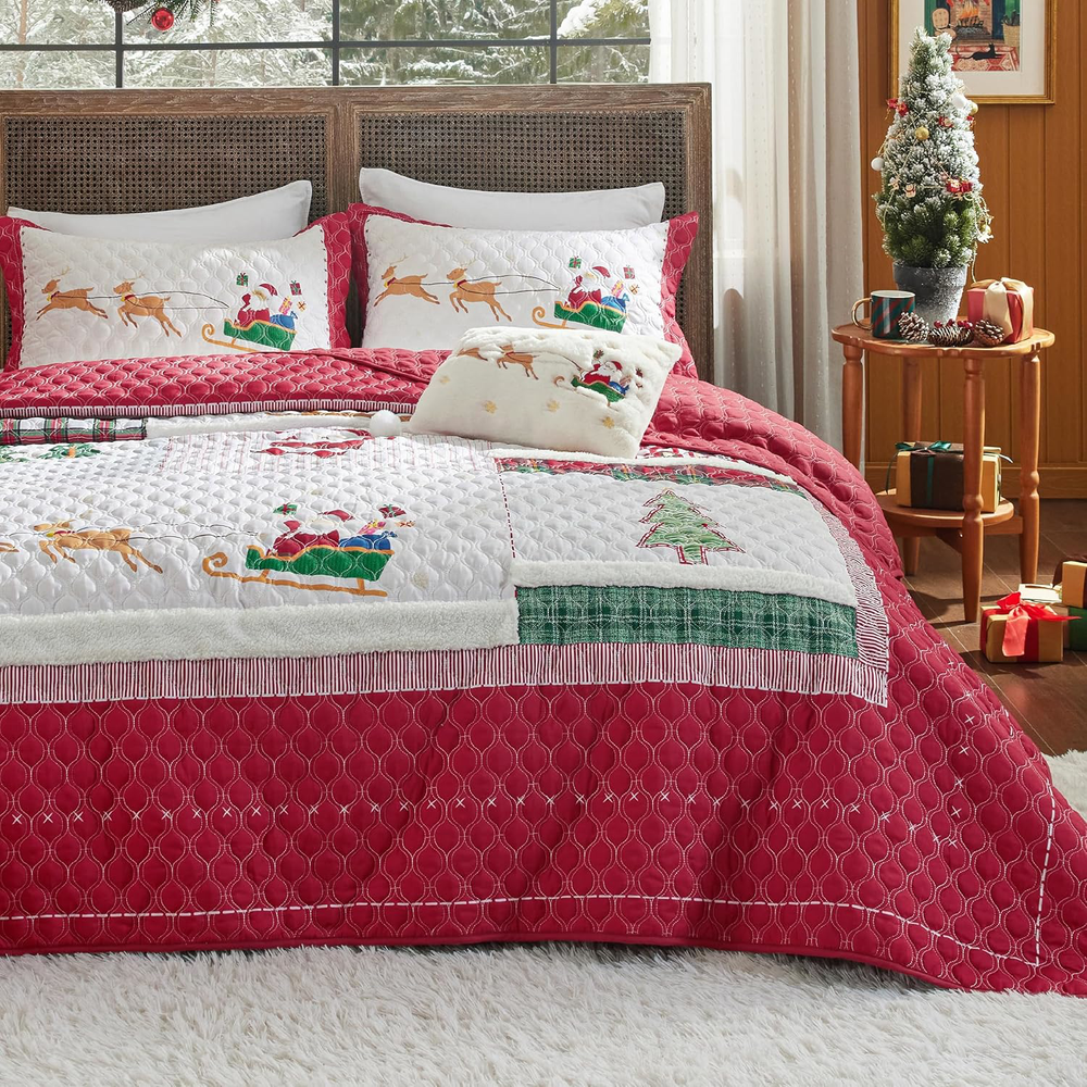 Christmas Quilt Set Queen Red Multicolor Patchwork Microfiber Bedspread 90