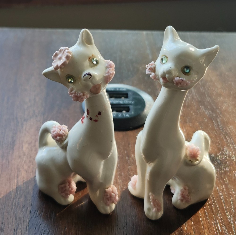 Pair of vintage MCM Porcelain pink & white spaghetti cats green rhinestone eyes