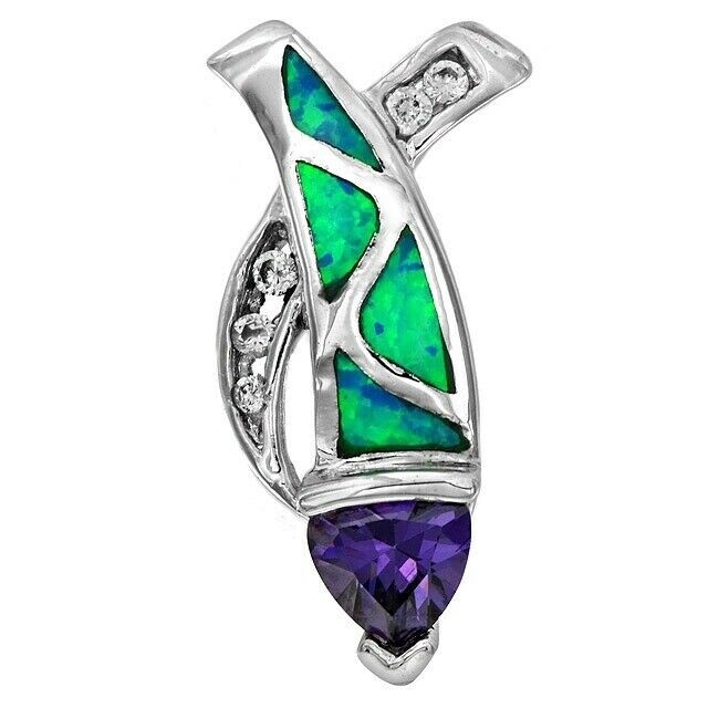 1CT Amethyst & Australian Opal Inlay 925 Solid Sterling Silver Pendant EO3
