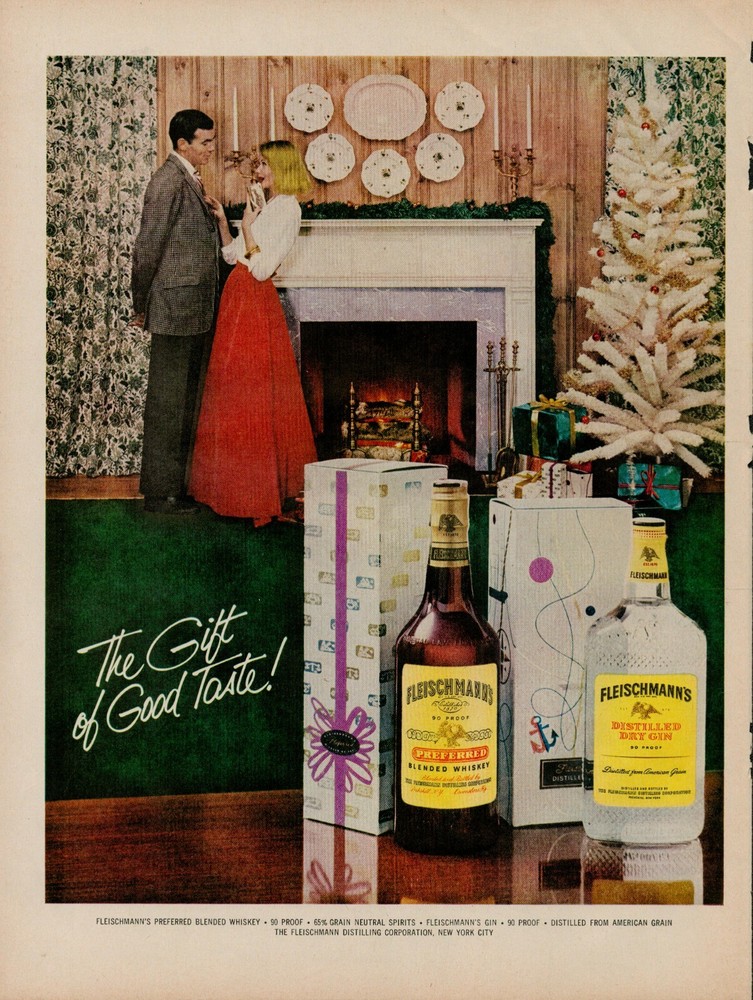 1959 Alcohol Whiskey Gin Fleischmanns 1950s Vintage Print Ad Christmas Tree Gift