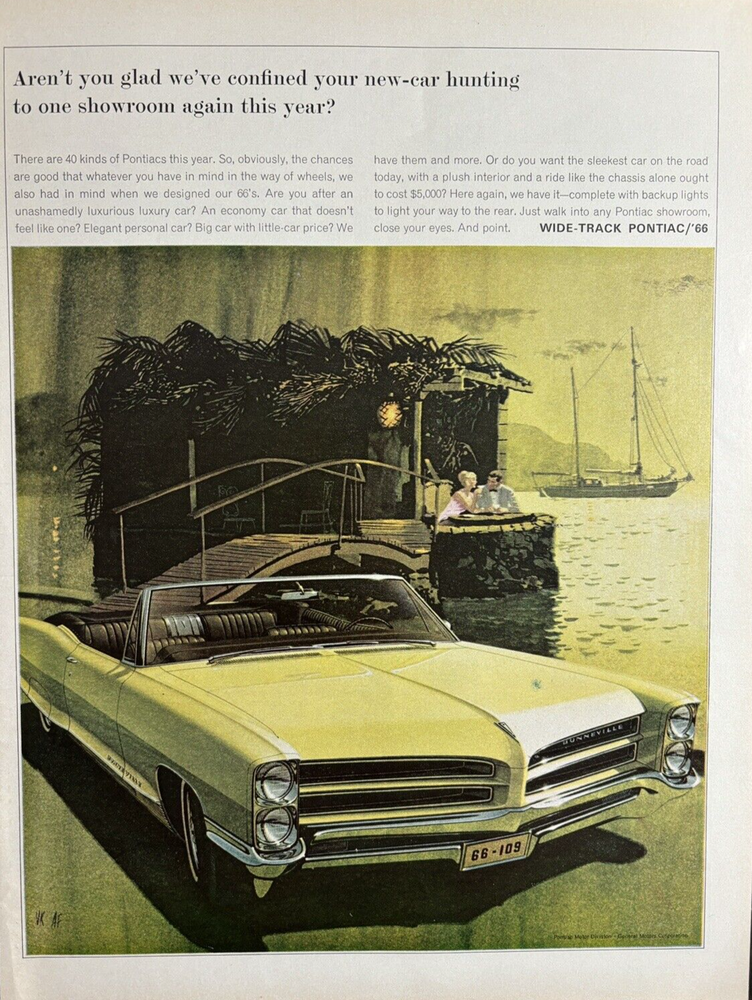 1966 Pontiac Bonneville Automobile Yellow Wide Track AF VK GM Vintage Print Ad