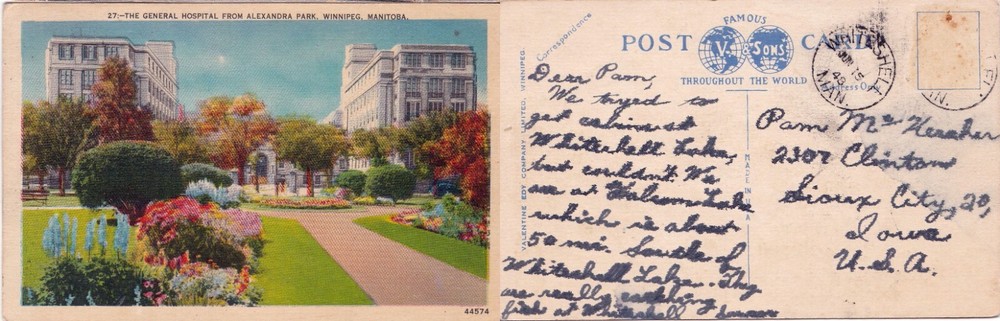 1948 Winnipeg General Hospital & Alexandra Park Manitoba Postcard c