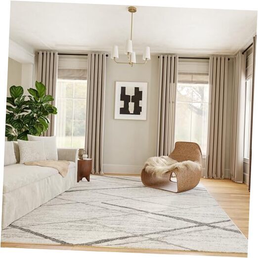 8 Round Thigpen Grey Abstract Lines Non-Slip Contemporary Area Rug