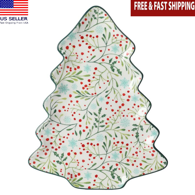 Holly Toss Tree 16in Stoneware Serving Platter Kitchen Holiday Entertaining New