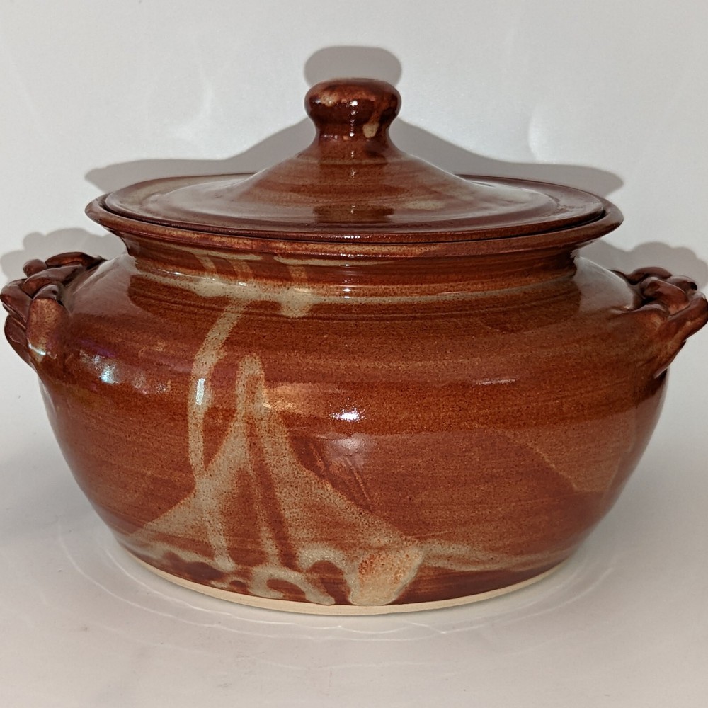 Sheltons Pottery Lidded Bean Pot w Braided Handleds Seagrove NC 1994 Mitchell
