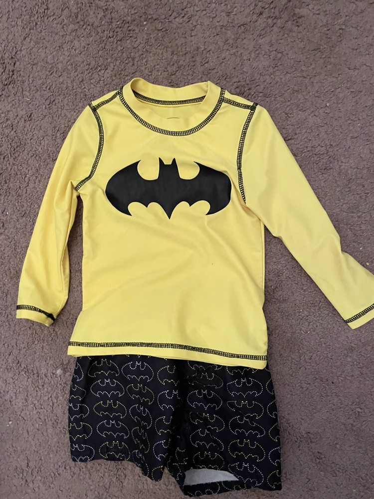 Batman Kids Bathing Suit Set Size 2T Yellow Long Sleeve Shirt and Black Trunks