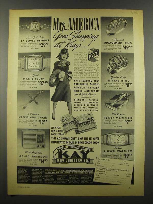 1939 Kay Jewelry Vintage Ad Featuring Benrus and Elgin Watches