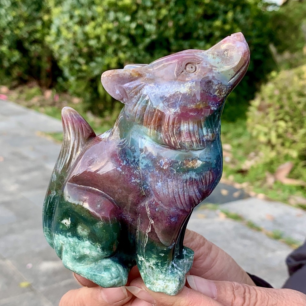 420G Amazing natural marine jasper crystal carving wolf jasper aura stone