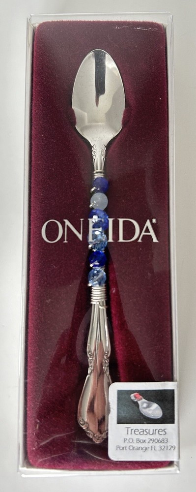 Oneida Chateau Feeding Spoon Decorated w Semiprecious Stones & Vintage Glass Art