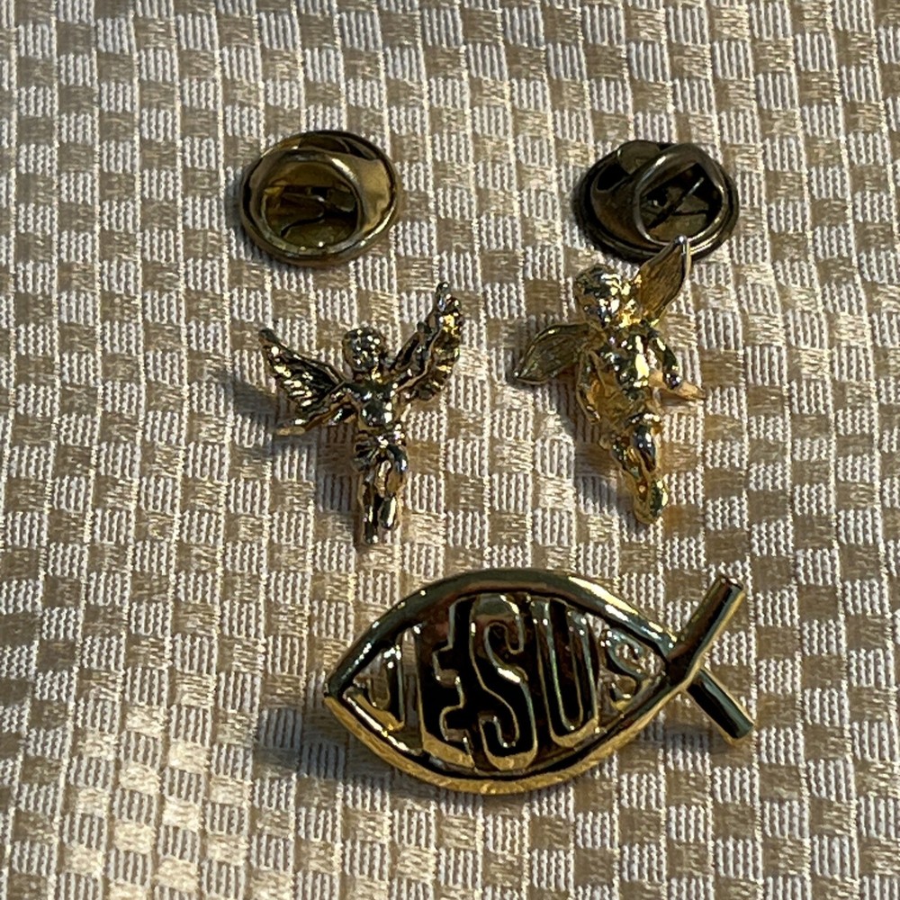 Jesus & 2 Angel Lapel Pins Gold Tone - Set Of 3