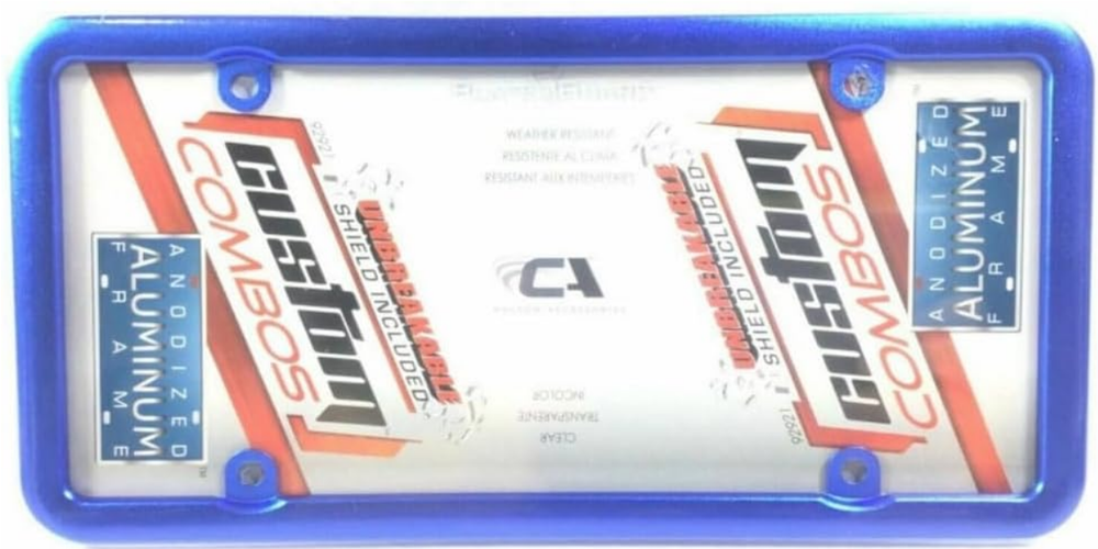 Custom Combos Anodized Aluminum License Plate Frame Metallic Blue With Shield