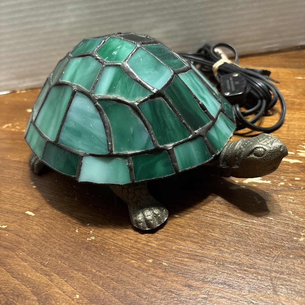 Stained Glass Tiffany Style Brass Turtle Night Light Lamp Nightlight DK/LT Green