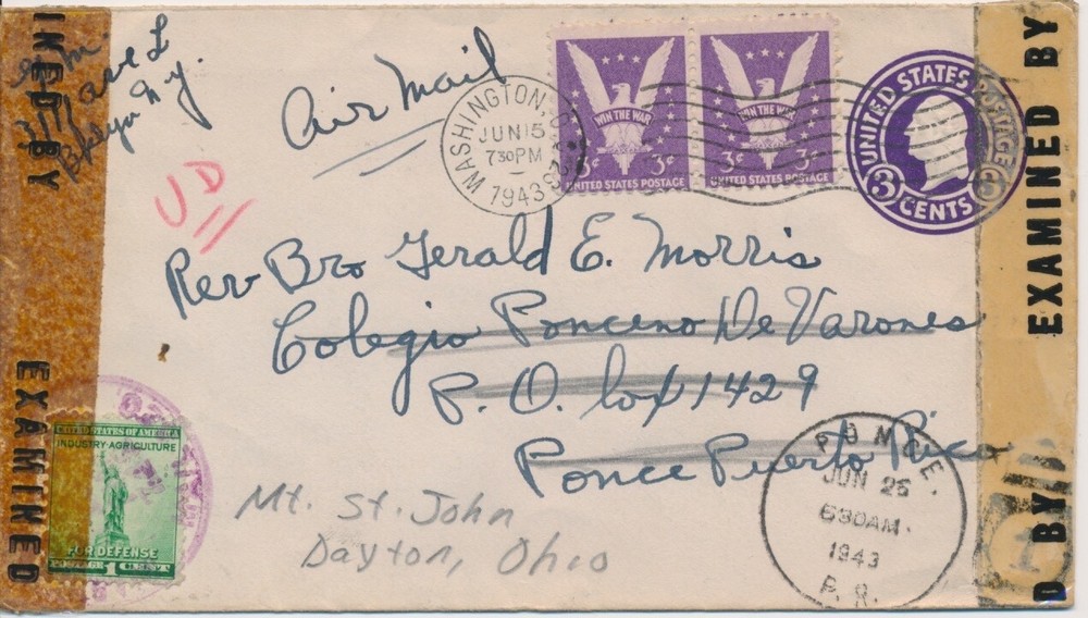 World War II 1943 censored cover to Ponce Puerto Rico forwarded Airmail 10c rate
