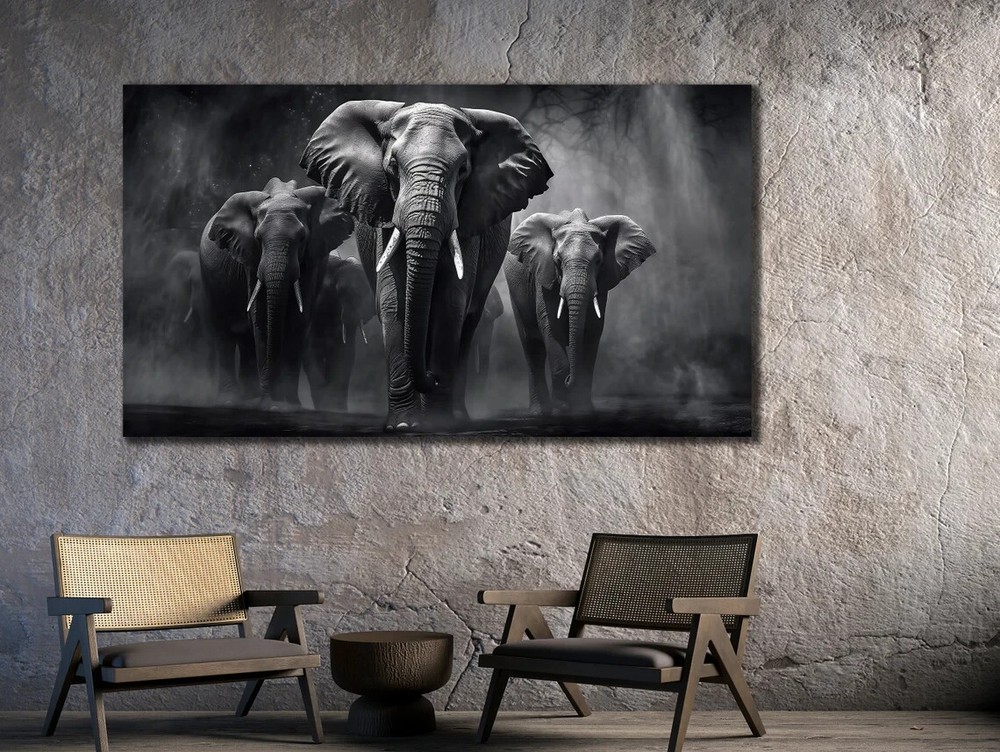 Black & White Elephant Family Abstract Unframed Canvas Print Australian Wall Art
