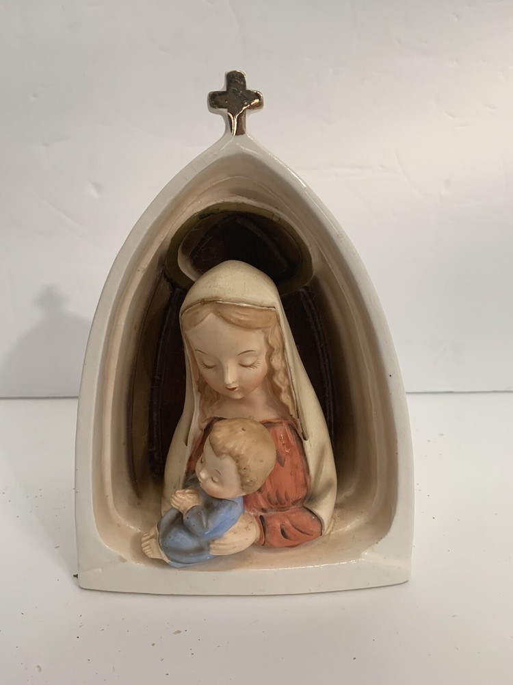 Vintage 1958 Napco Ceramic Mary w Baby Jesus Under Arch Decorated Planter