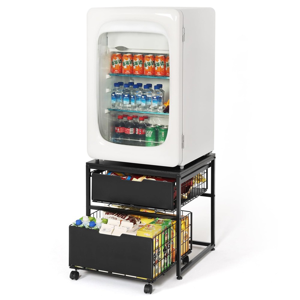 Mini Fridge Stand with Storage Drawer, 21.7”x21.7” Heavy Duty Mini Fridge Tab...