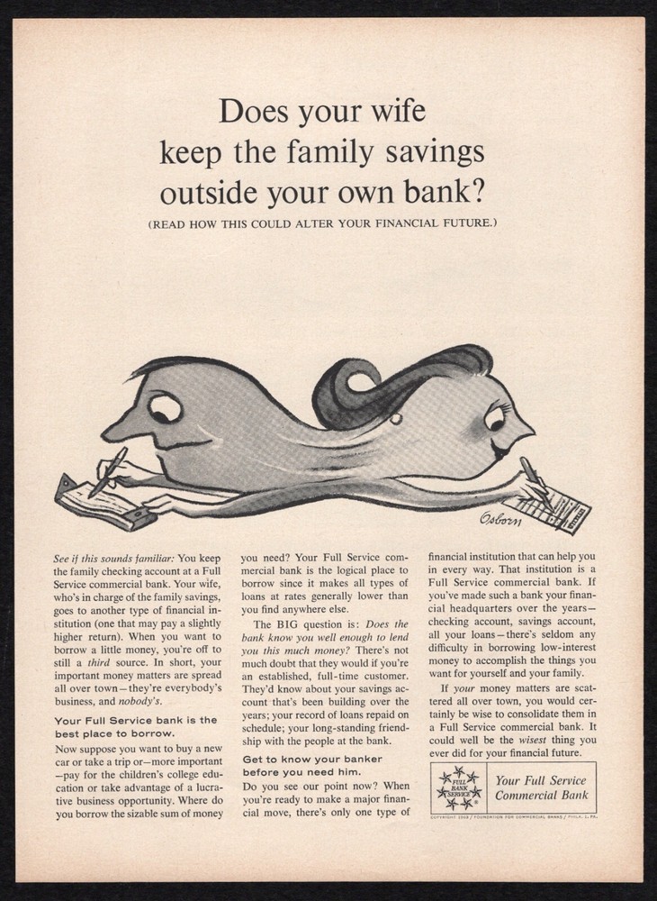 1963  Full Service Commercial Bank Wife Keep Family Savings Outside Print Ad Vtg
