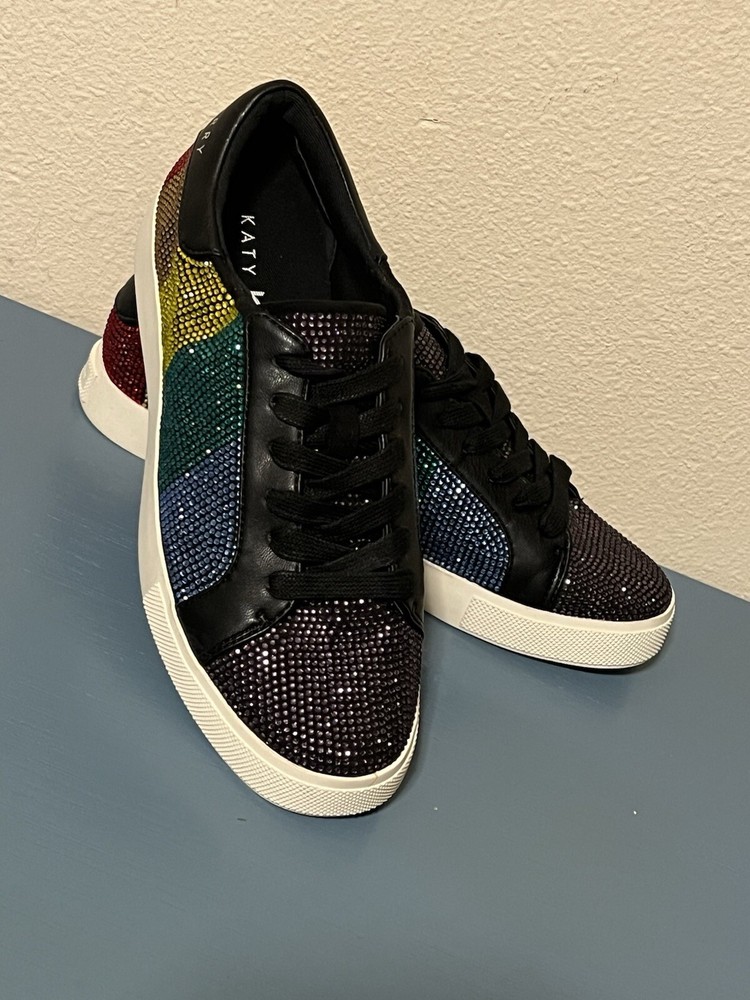 Katy Perry Rainbow Rizzo Crystal Stone Sneakers Lace-up Womens Size 6 Mardi Gras