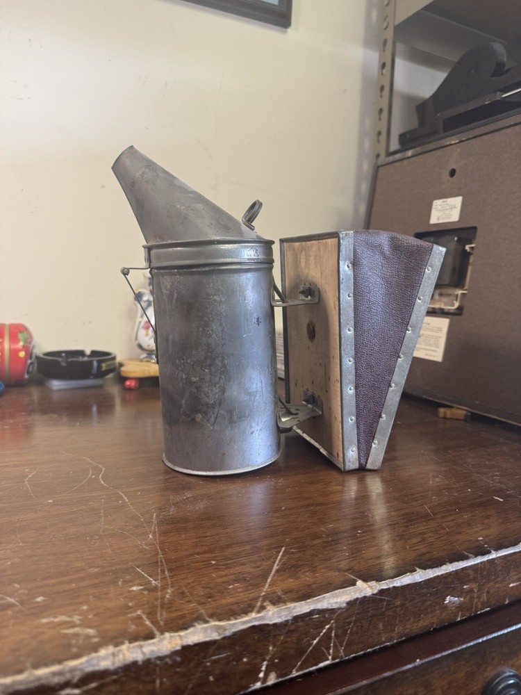 Vintage Hive Smoker with Wood & Leather Bellows for Beekeeping
