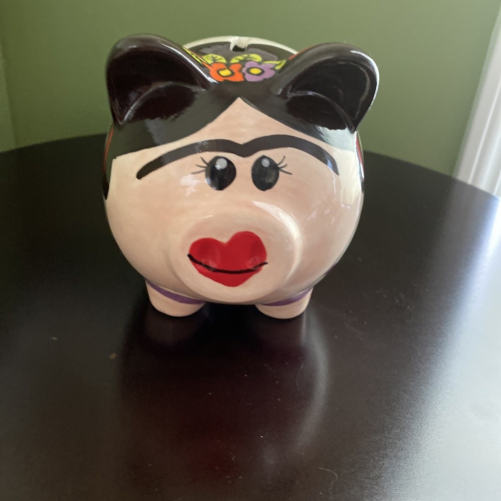 Frida Kahlo Ceramic Hand Painted Piggy Bank Mexican Folk Artist Pottery Signed
