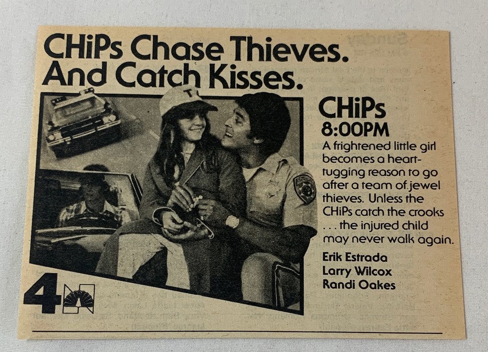 1980 NBC TV ad CHIPS chase thieves and catch kisses