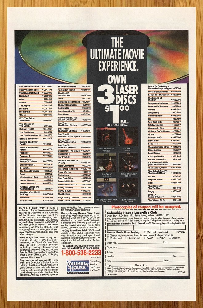 1992 Columbia House Laserdisc Club Print Ad/Poster Star Wars Batman Movie Art-image