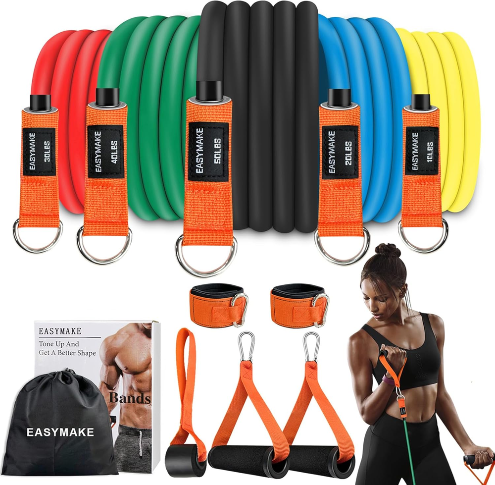 Resistance Bands, Exercise Bands with Handles, Door Anchor, Legs Ankle Straps, 1