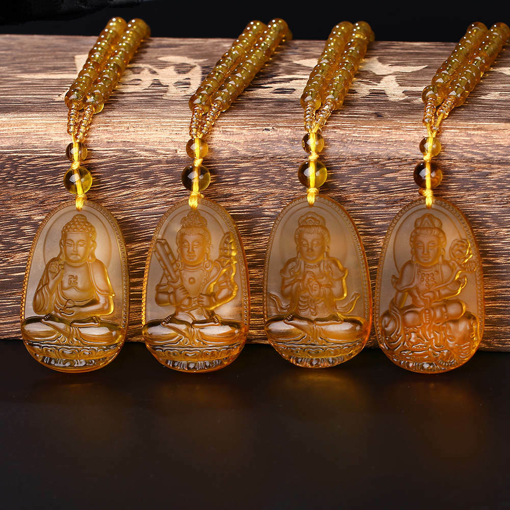 Yellow Crystal Stone Buddha Amulet Pendant Necklace Men Women Lucky Jewelry Gift