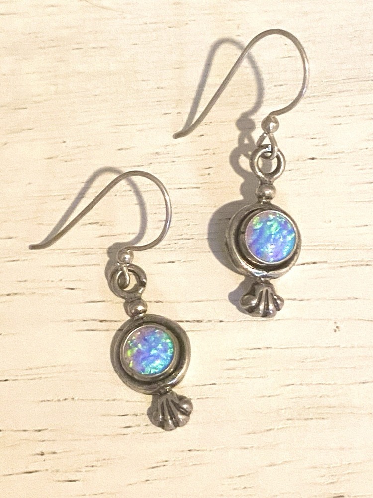 5 Star White Fire Opal (Lab) Earrings Sterling Silver 925 Dangle French Wire