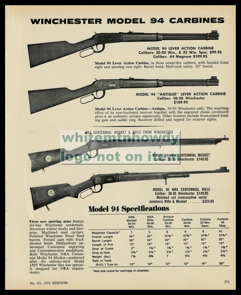 1972 WINCHESTER 94 Carbine NRA Centennial Commemorative Musket and Rifle AD