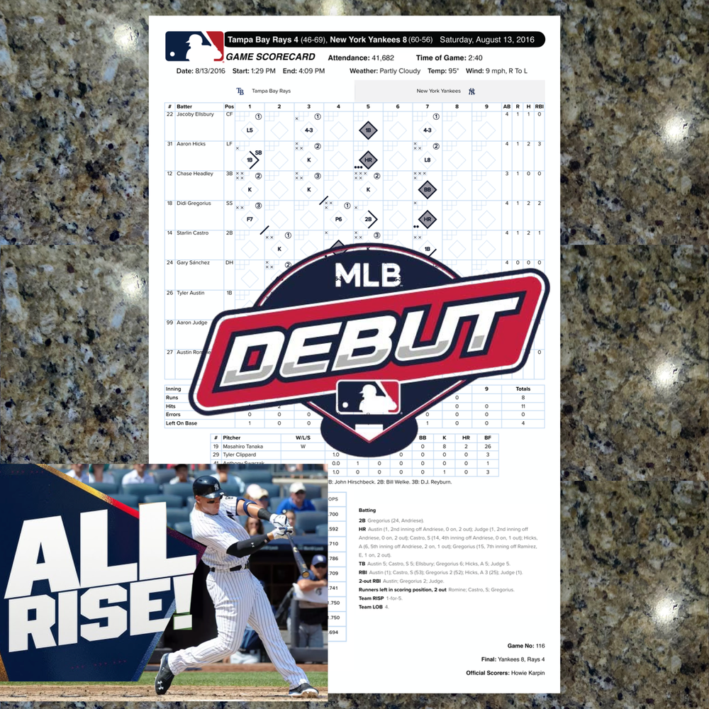 Aaron Judge MLB Debut Game Used Lineup Card Scorecard - 8/13/16 Yankees Home Run