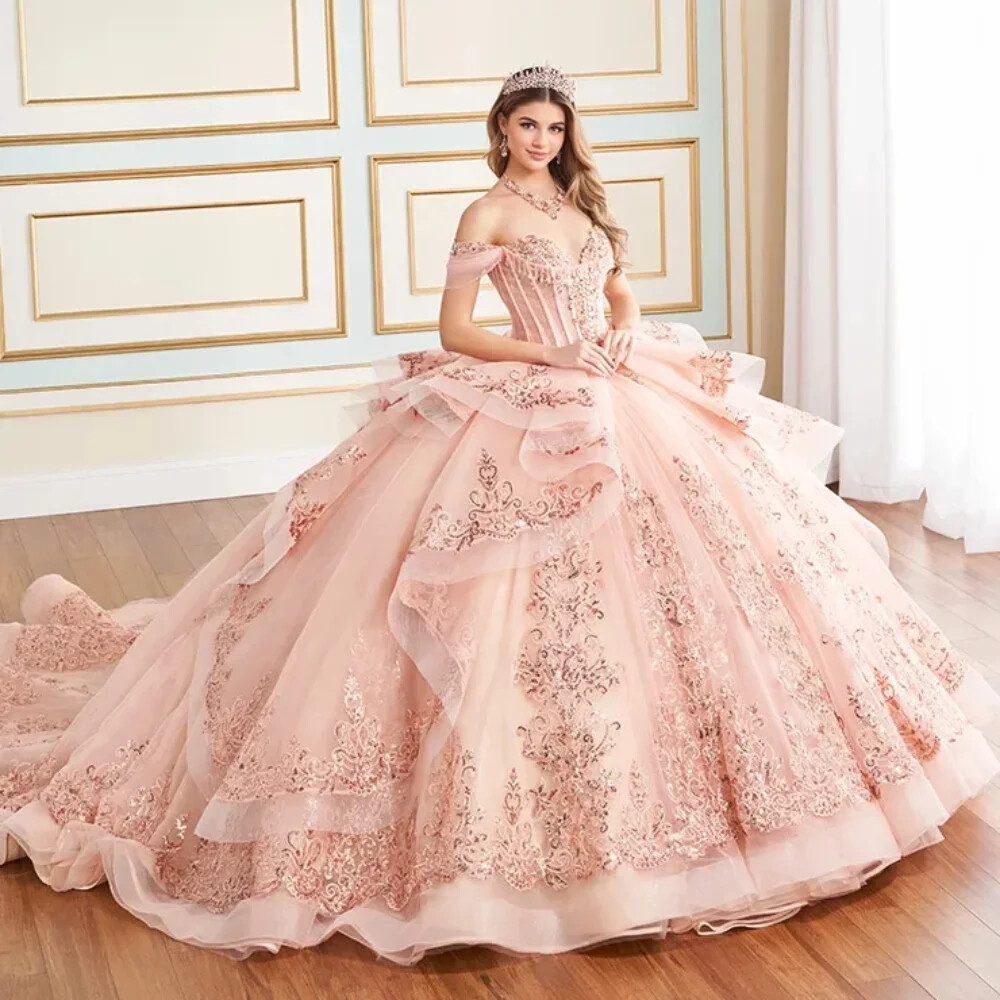 Blush Pink Quinceanera Dresses Ball Gown Shiny Lace Applique Princess Sweet 16