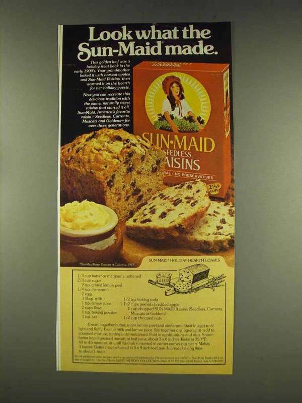 1977 Sun-Maid Raisins Holiday Hearth Loaves Ad Recipe